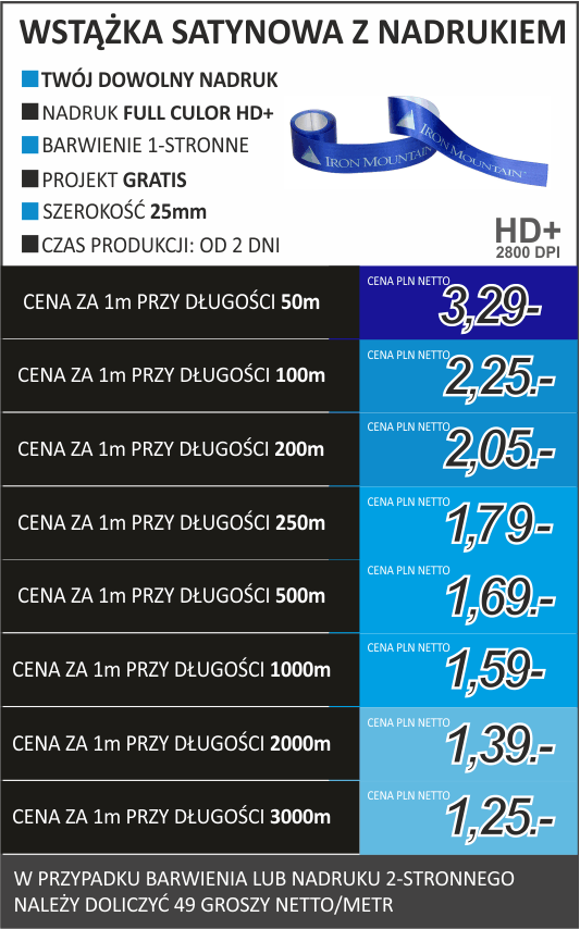 Cennik wstazek satynowych 25mm z nadrukiem